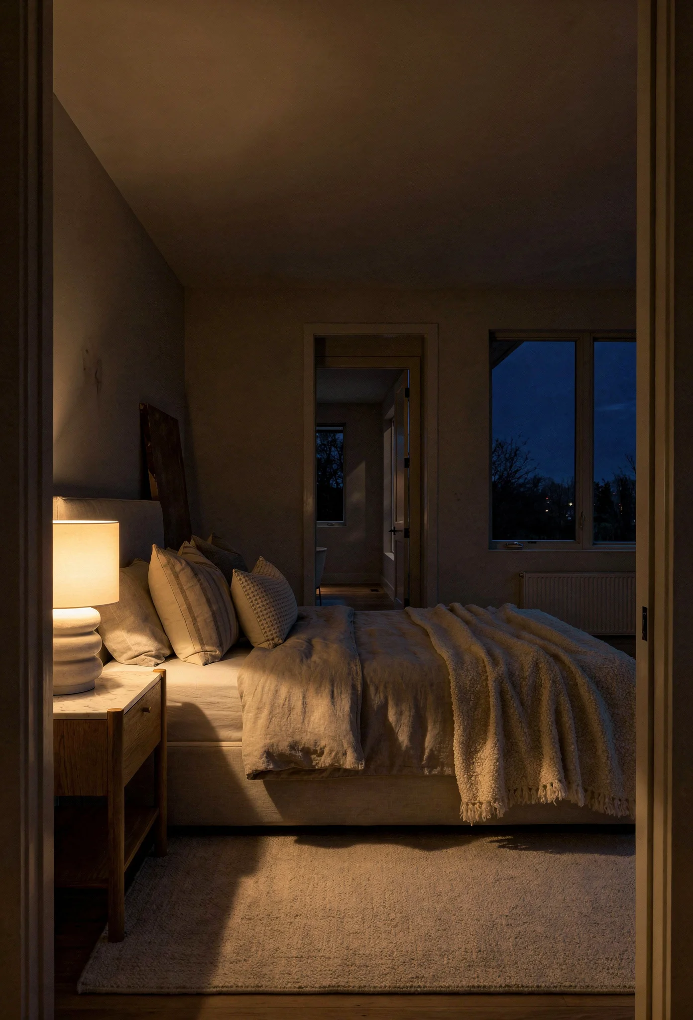 Neutral modern bedroom featuring ivory linen upholstered bed with warm greige walls evening mood