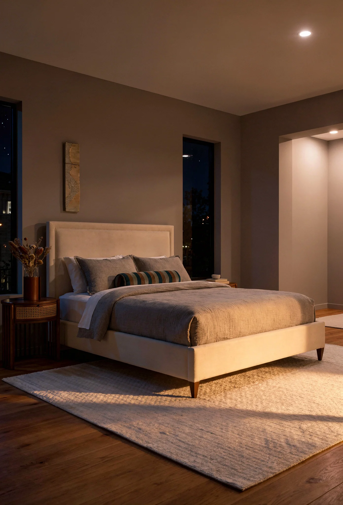 Neutral modern bedroom featuring ivory upholstered bed with layered textiles and warm lighting evening mood