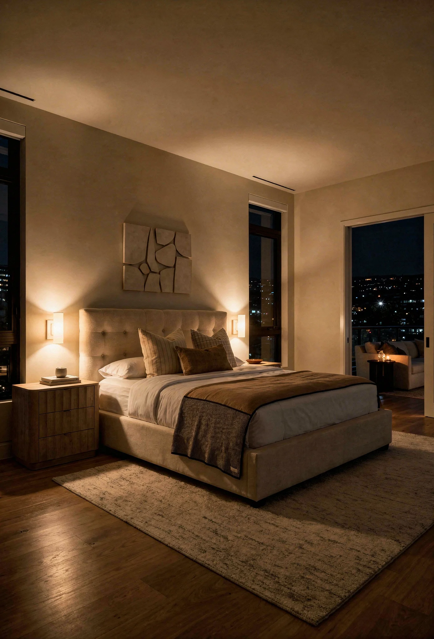 Neutral modern bedroom featuring ivory button-tufted bed with warm oak nightstand and golden hour light evening mood