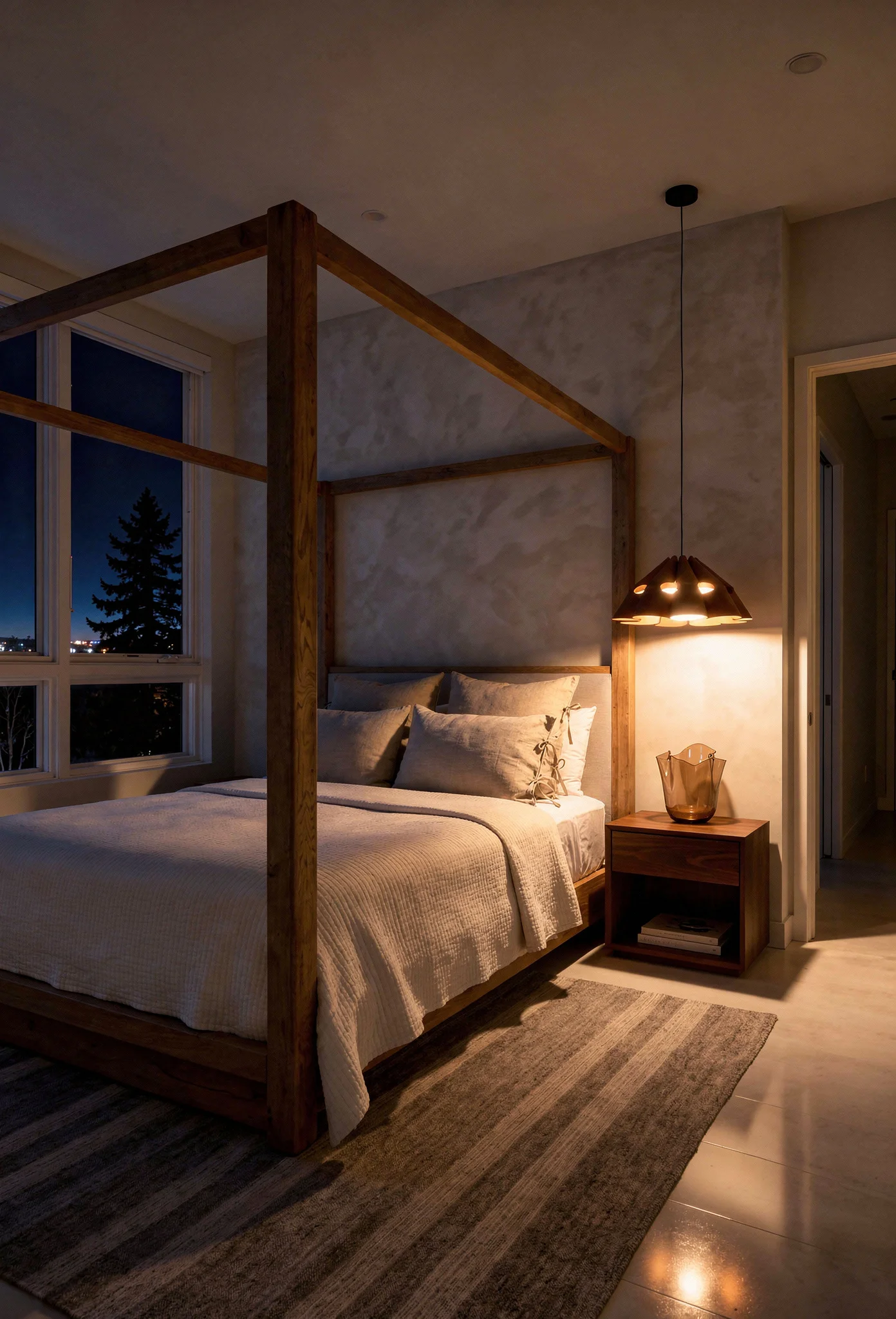 Neutral modern bedroom featuring tan oak canopy bed with limewash walls and ivory coverlet evening mood