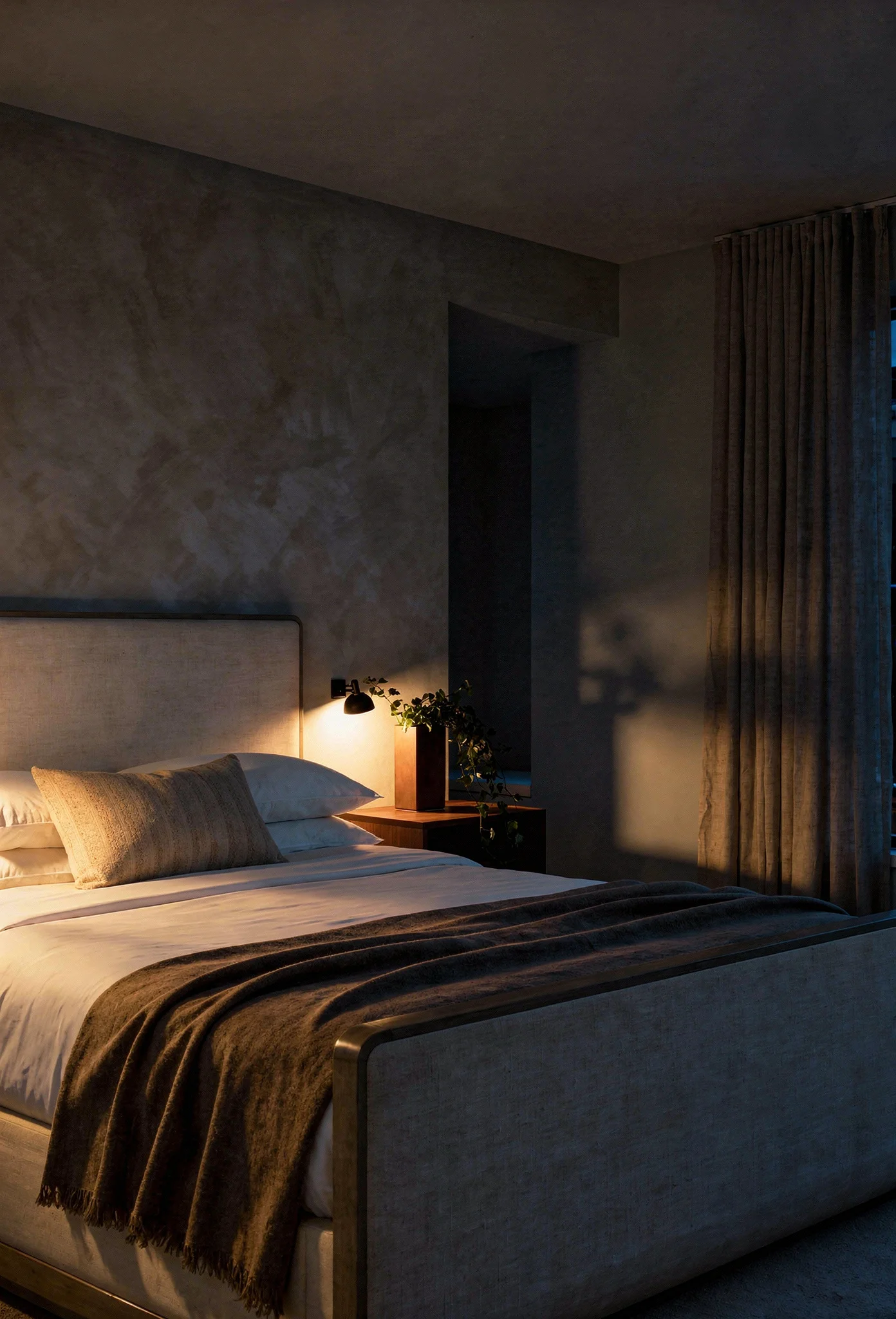 Neutral modern bedroom featuring ivory sleigh bed with limewash textured walls and natural linen curtains evening mood