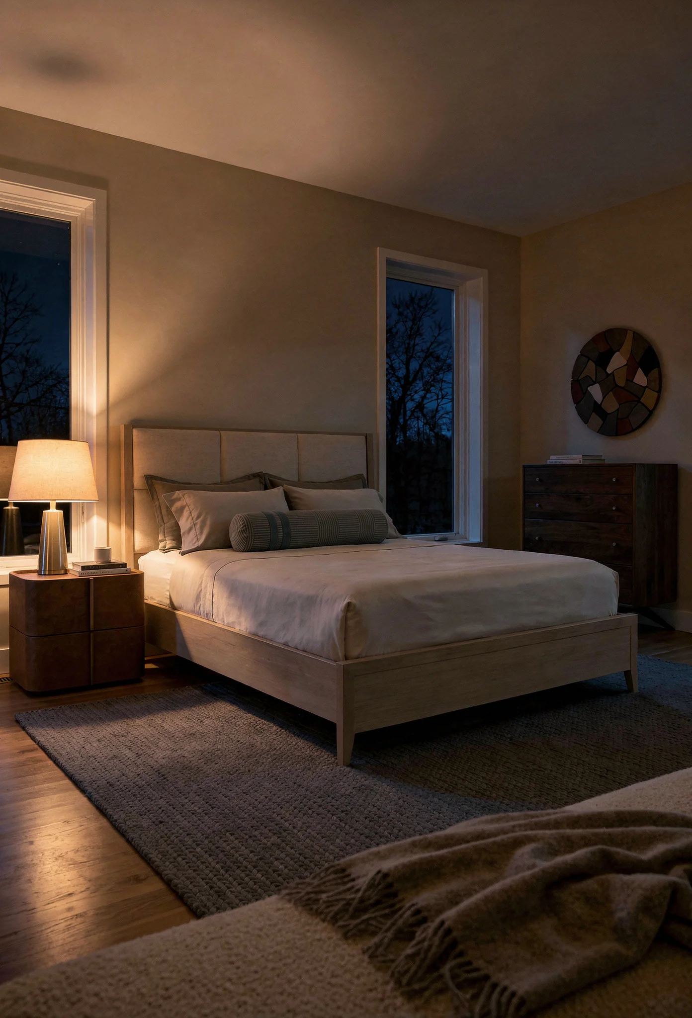 Neutral modern bedroom featuring mixed wood tones with tan upholstered bed and warm walnut dresser evening mood