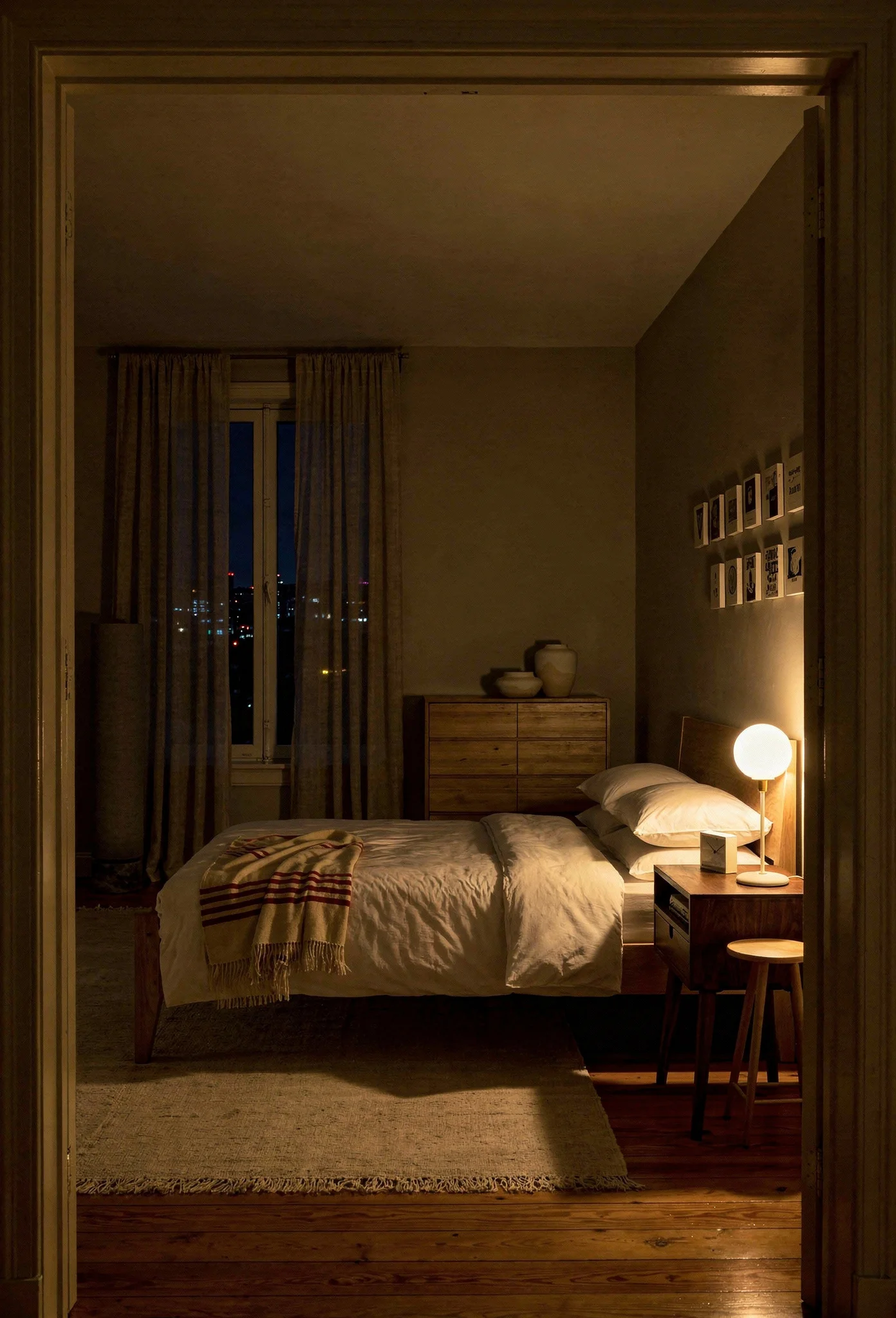 Neutral modern bedroom featuring white oak bed frame with mixed walnut and oak furniture tones evening mood