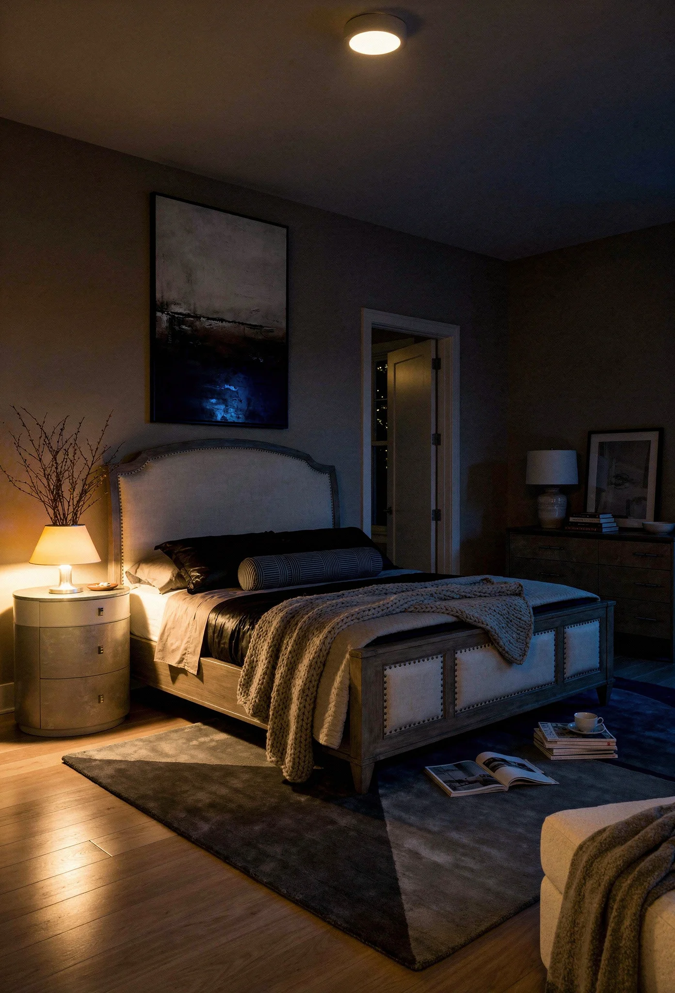 Neutral modern bedroom featuring ivory wood sleigh bed with mixed wood tones and warm neutral palette evening mood