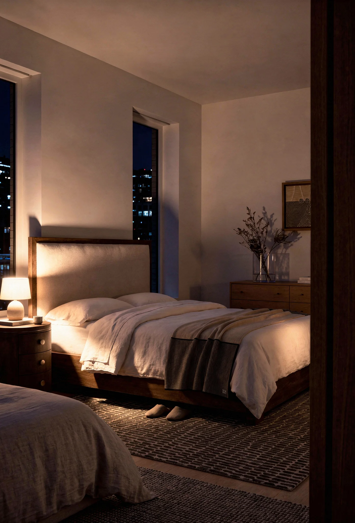 Neutral modern bedroom featuring ivory oak panel bed with statement headboard evening mood