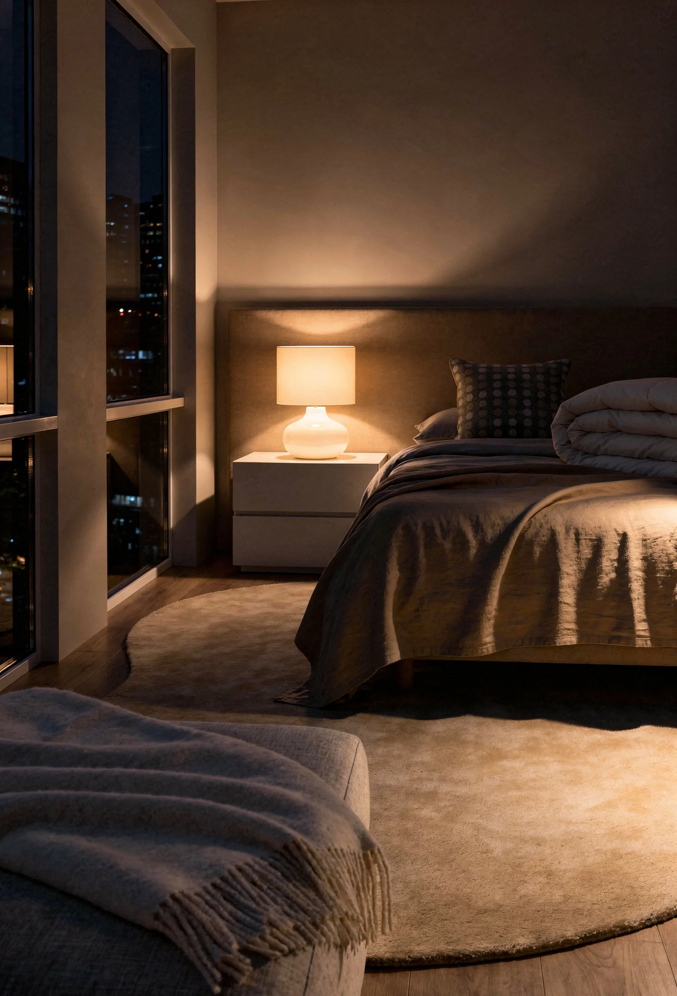 Neutral modern bedroom featuring tan upholstered bed with cozy textured layers for sound absorption evening mood