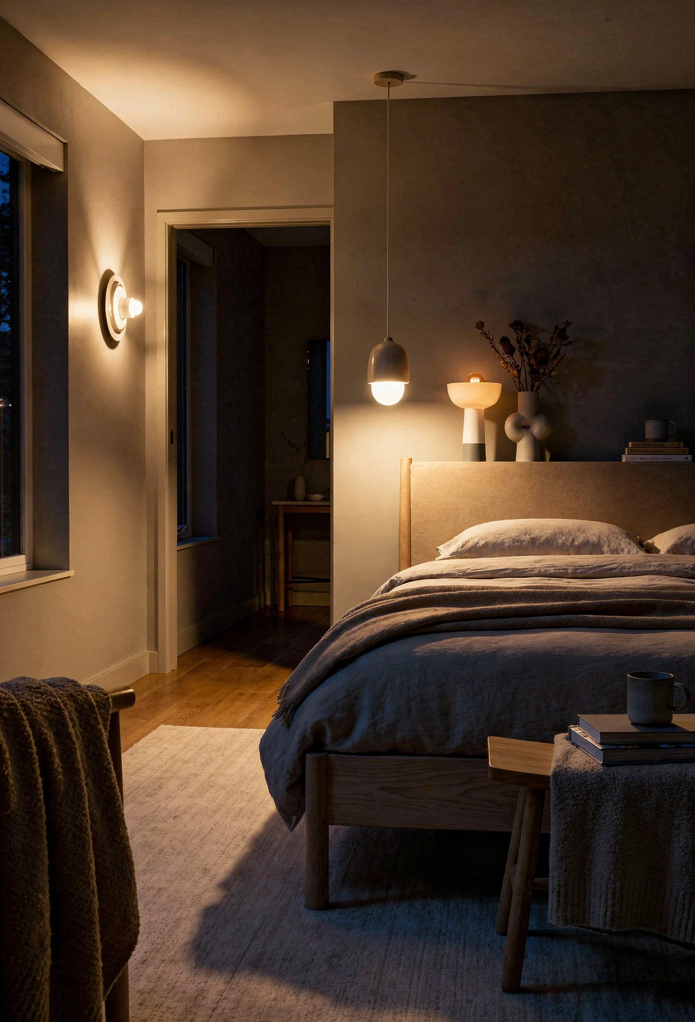 Neutral modern bedroom featuring tan upholstered bed with warm golden hour lighting evening mood