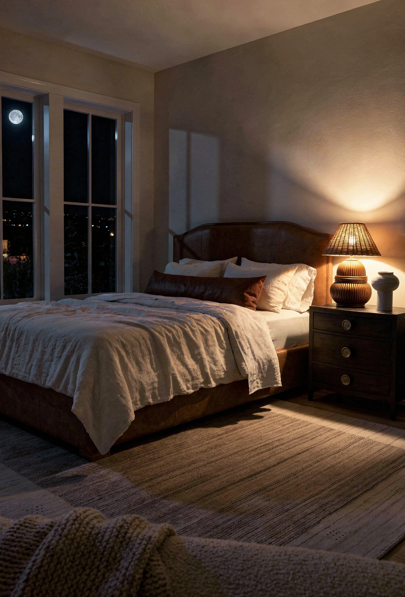 Neutral modern bedroom featuring tan driftwood upholstered bed with warm oak nightstand and rattan floor lamp evening mood