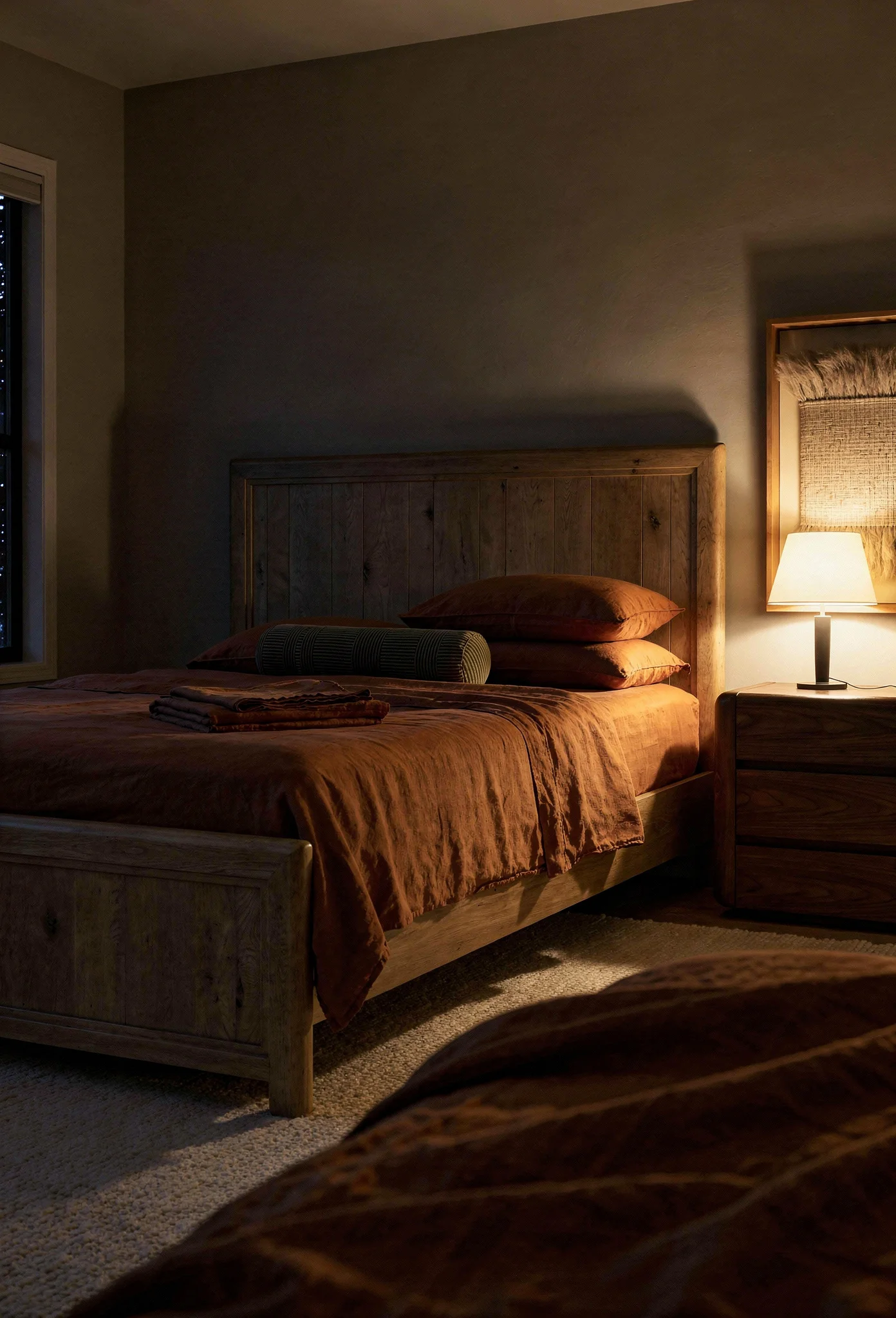 Neutral modern bedroom featuring textured wool rug with natural linen bedding and warm wood accents evening mood