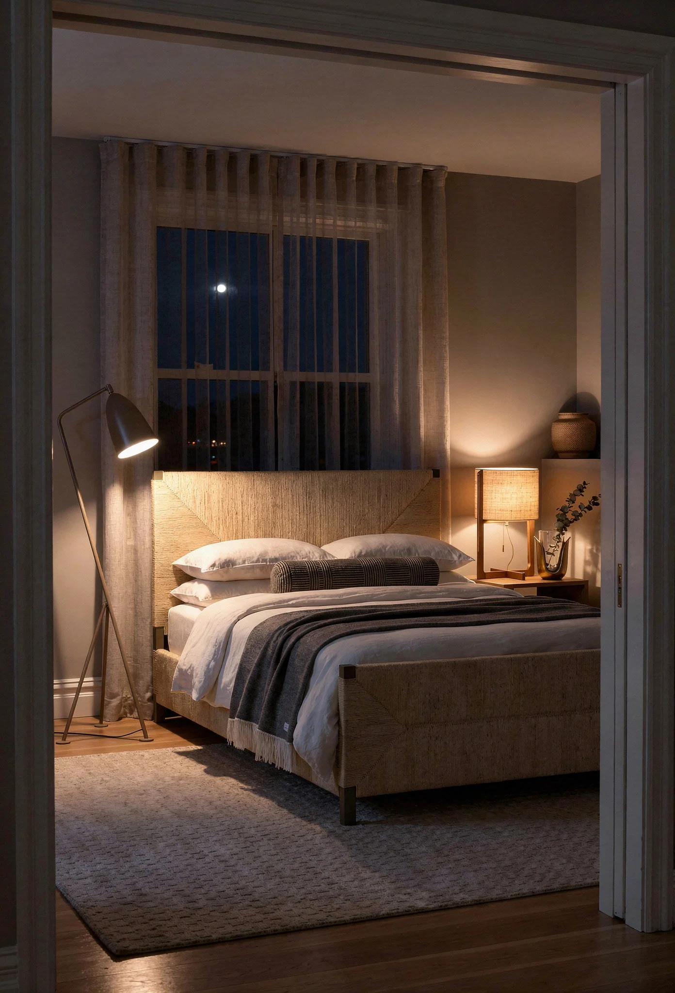 Neutral modern bedroom featuring tan woven panel bed with warm grey floor lamp evening mood