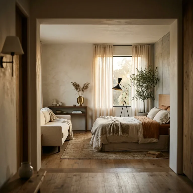 Modern Natural Neutral bedroom design featuring quiet sophistication with organic warmth