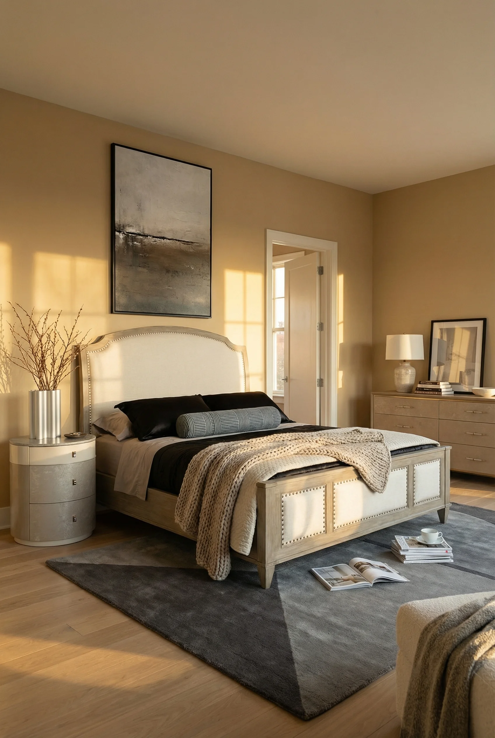 Neutral modern bedroom featuring ivory wood sleigh bed with mixed wood tones and warm neutral palette