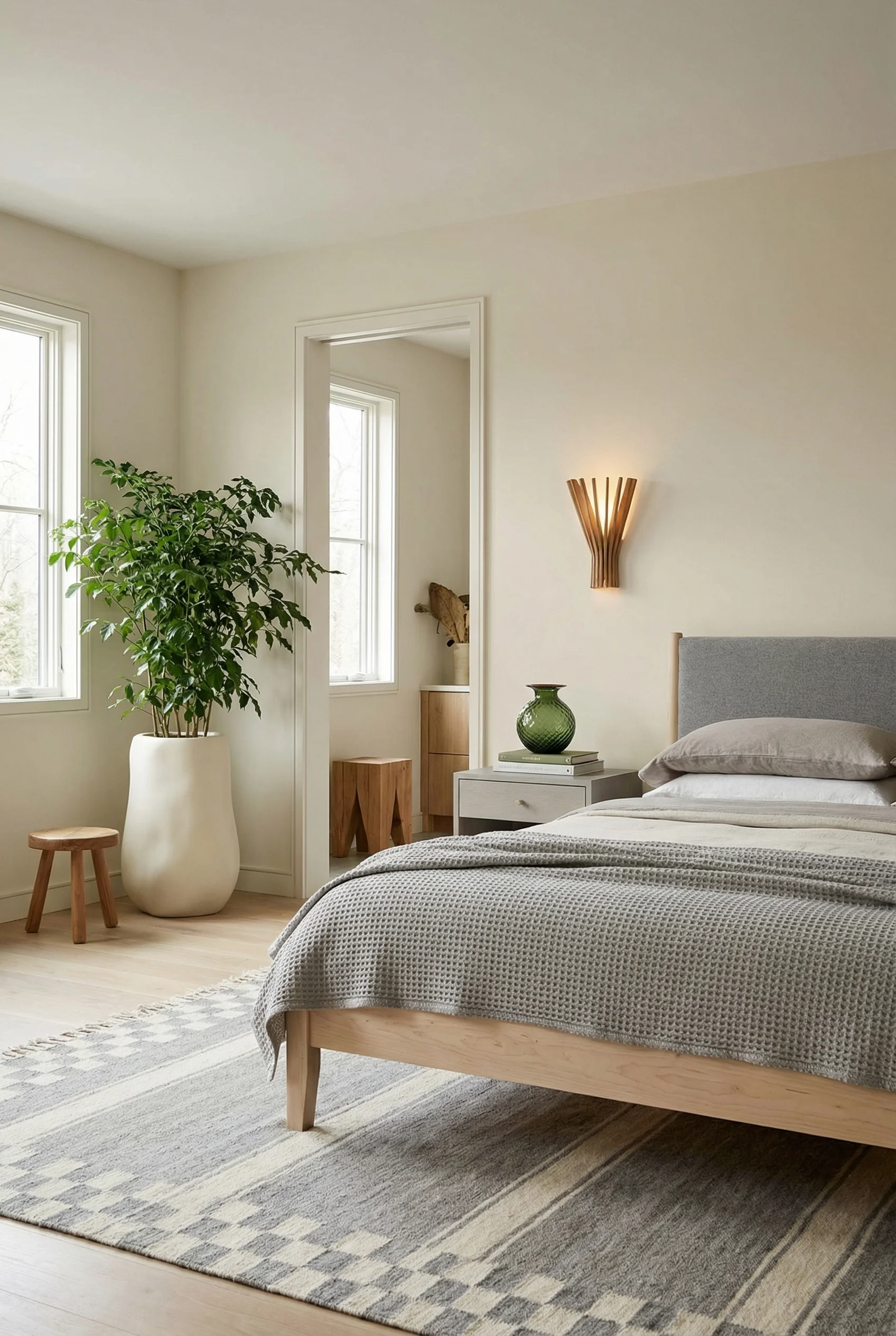 Neutral modern bedroom featuring grey birch upholstered bed with lush greenery and natural touches