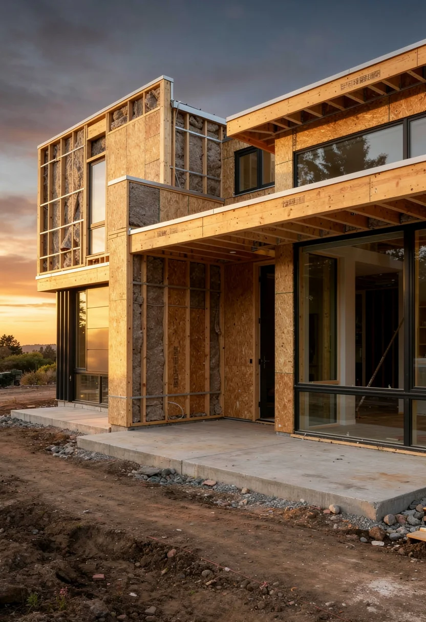 Modern exterior roof design featuring gray wall sconce with gray bowl planter at dusk empty room