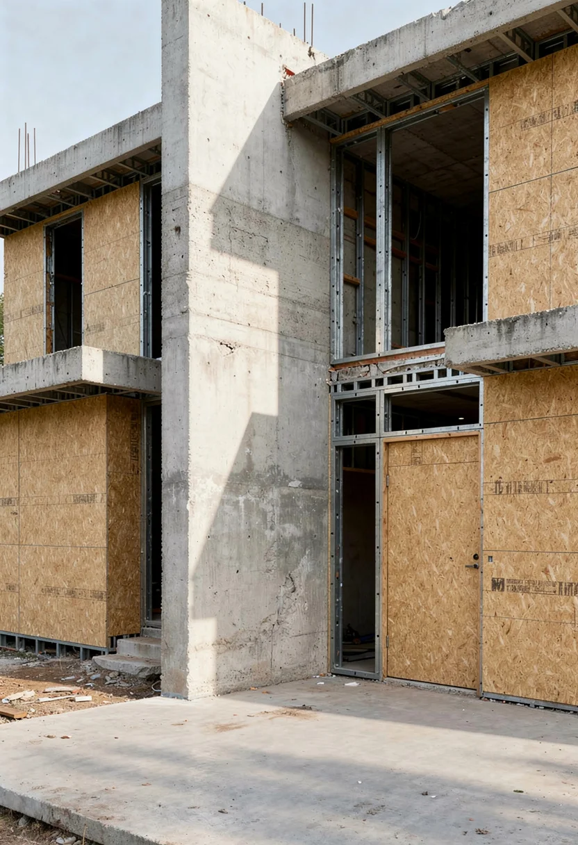 Modern exterior roof design featuring gray aluminum wall sconce with angular black planter empty room