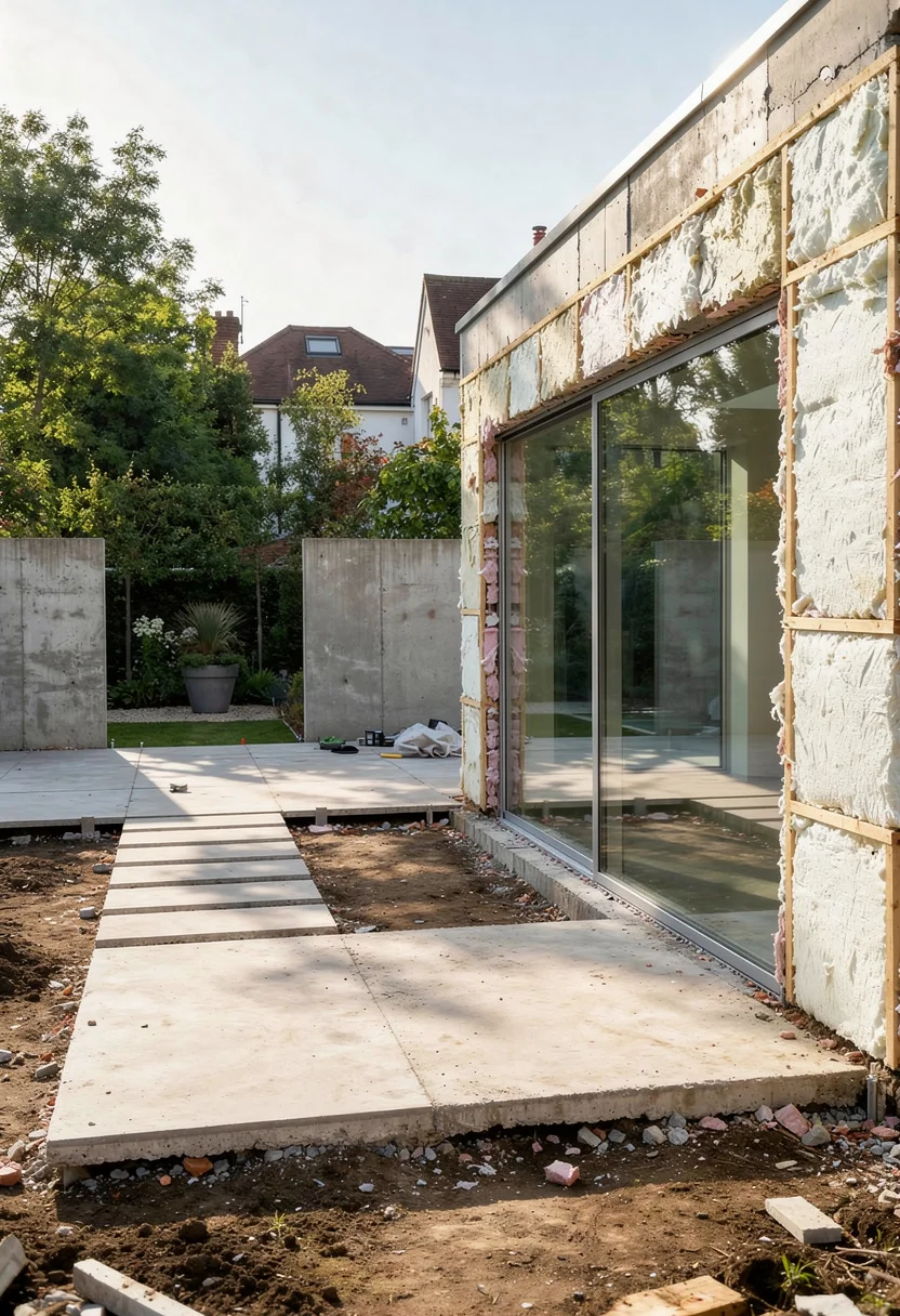 Modern house exterior with garden featuring black silver spring armchair with gray maceta planter on stone terrace empty room