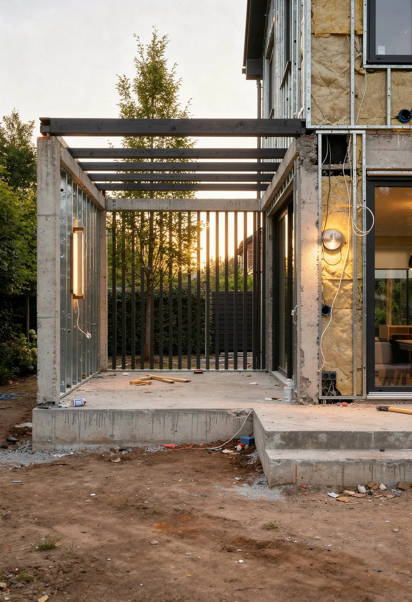 Modern house exterior with garden featuring black lock lounge chair with black stone planter under pergola deck empty room