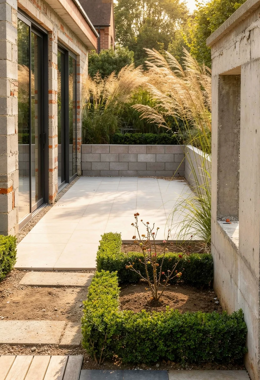 Modern house exterior with garden featuring dark gray lounge chair with black maceta planter among ornamental grasses empty room