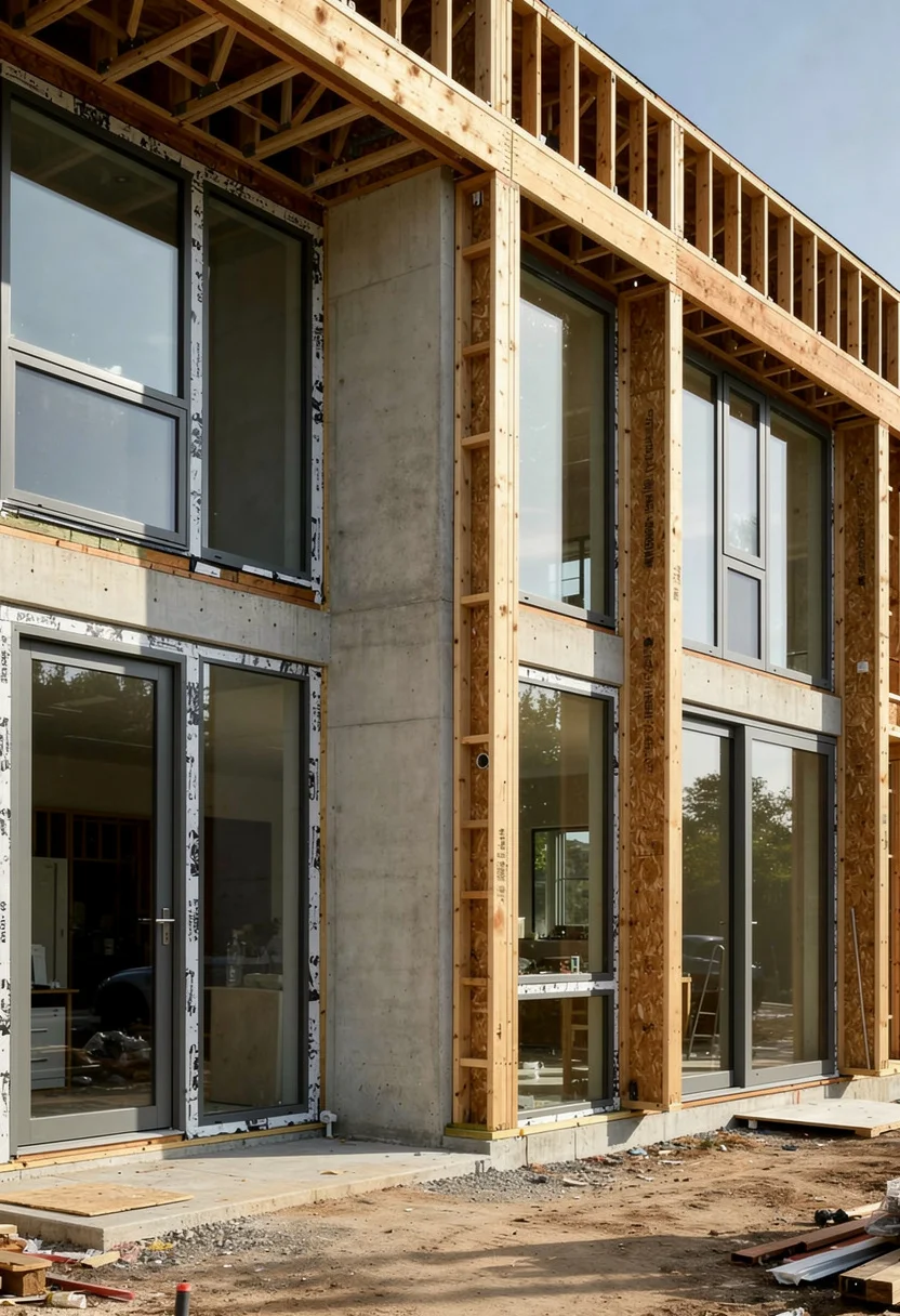 Modern exterior cladding featuring black LED wall sconce with tan bowl planter on cedar and zinc facade empty room