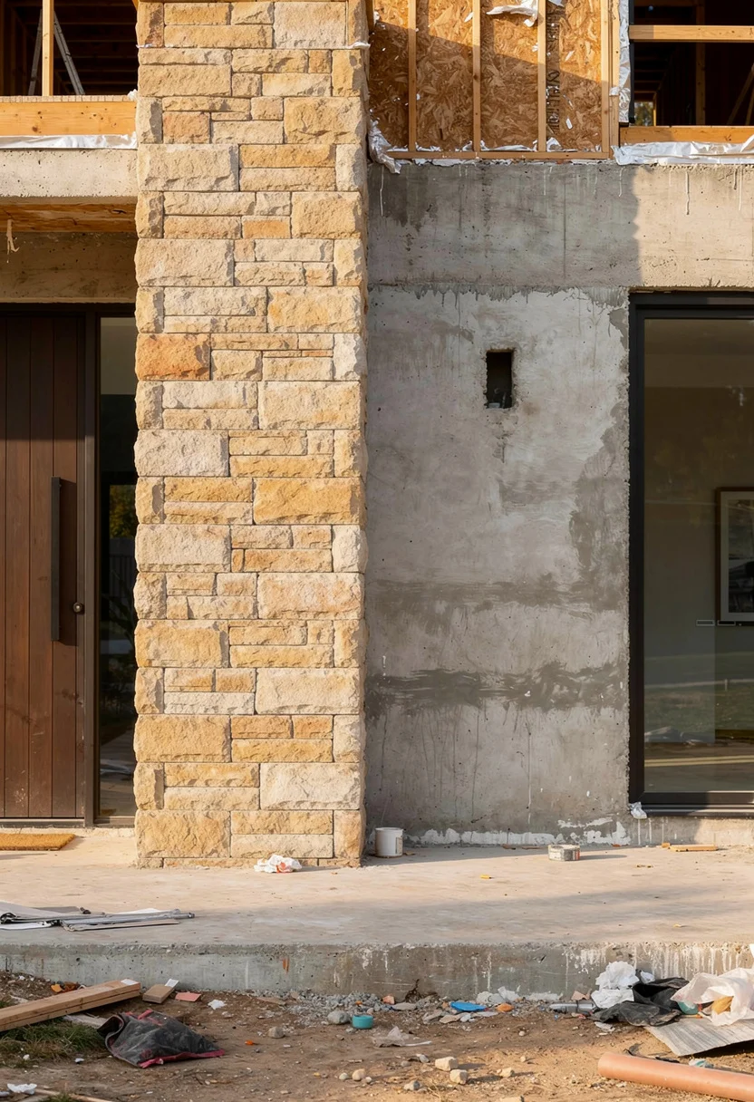 Modern house with stone accent featuring ivory wall sconce with tan cylinder planter on sandstone facade empty room