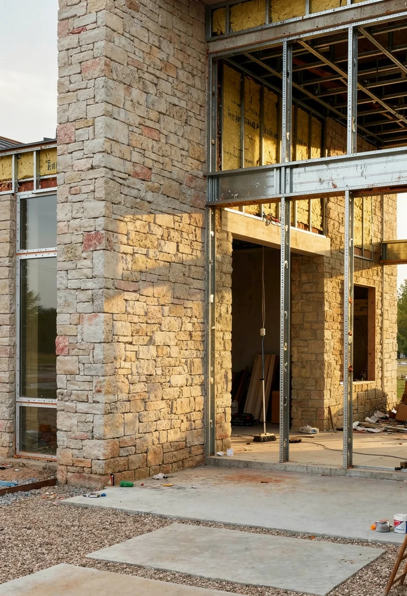 Modern house with stone accent featuring black wall sconce with gray XL planter on dry-stacked limestone empty room
