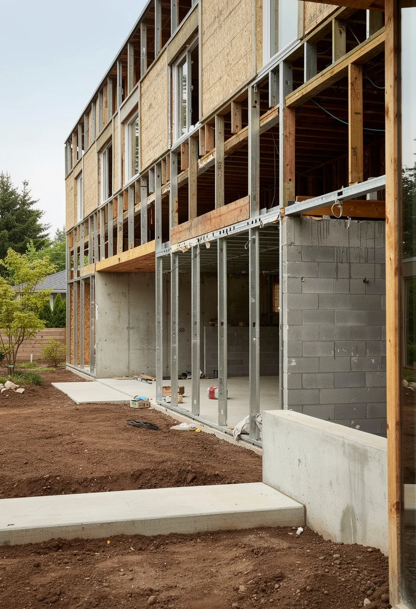 Cedar accents on house exterior modern featuring bronze LED wall sconce with white planter on cedar upper storey empty room
