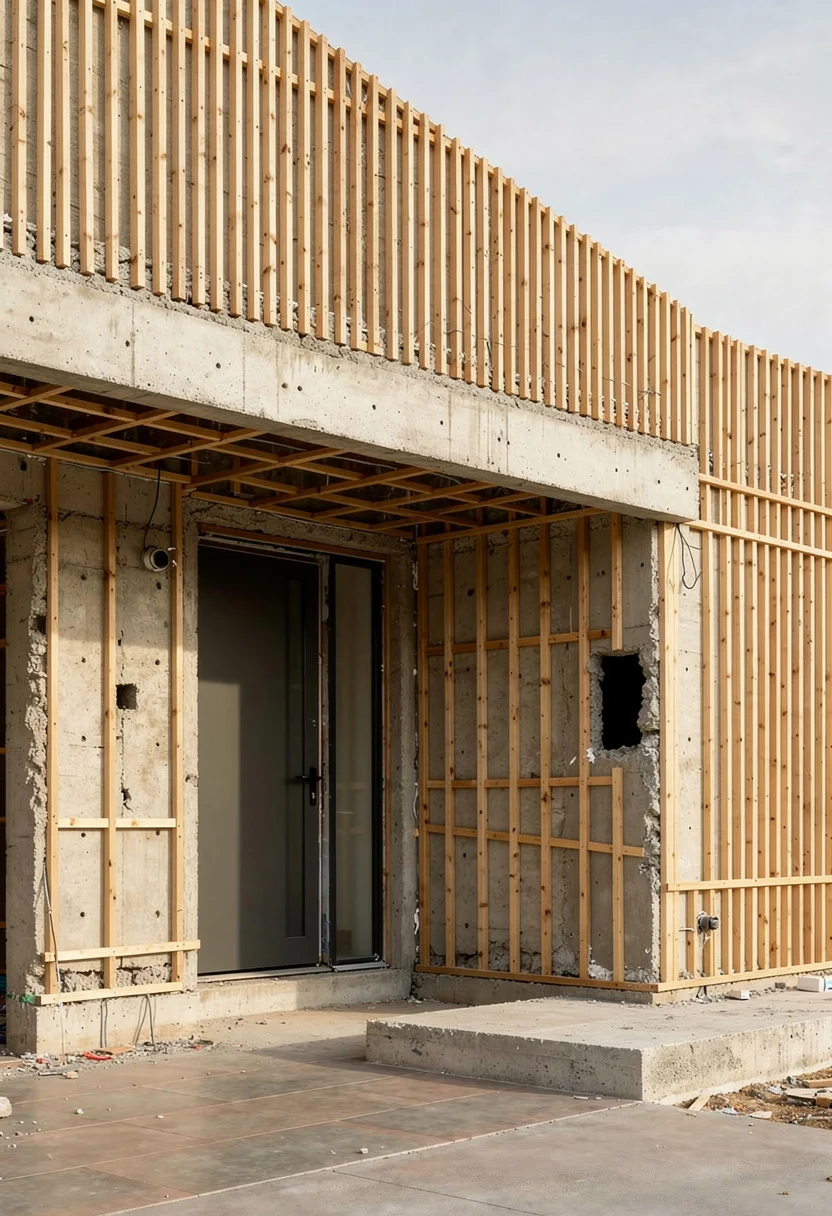 Cedar accents on house exterior modern featuring bronze wall sconce with gray pedestal planter on vertical battens empty room