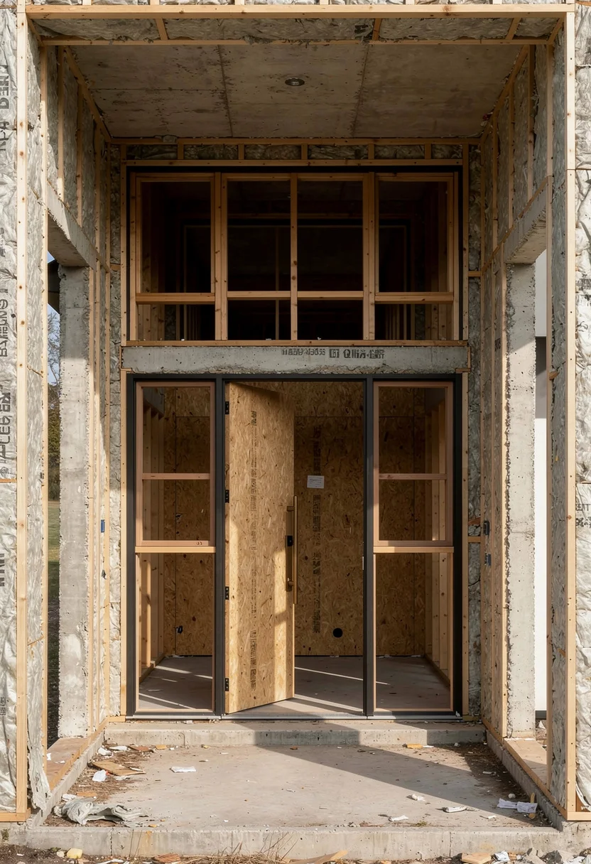 Exterior doors with glass panels modern featuring bronze wall sconce with gray tackett planter at double-height entry empty room