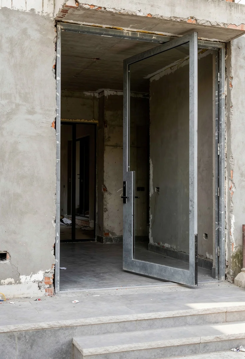 Exterior doors with glass panels modern featuring black wall sconce with gray pedestal planter at pivot entry empty room