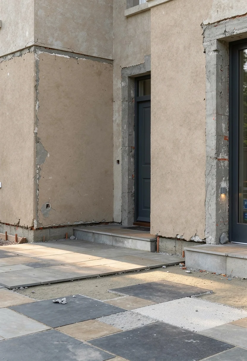Modern house exterior with garage featuring charcoal dining chair with anthracite planter on stone paved terrace empty room