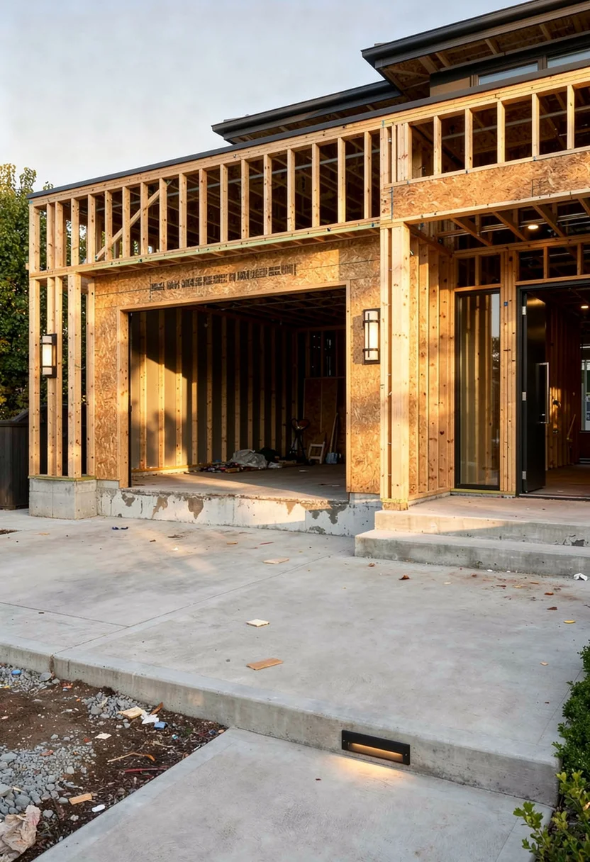 Modern house exterior with garage featuring black gray sectional sofa with black cube planter on ribbed garage terrace empty room