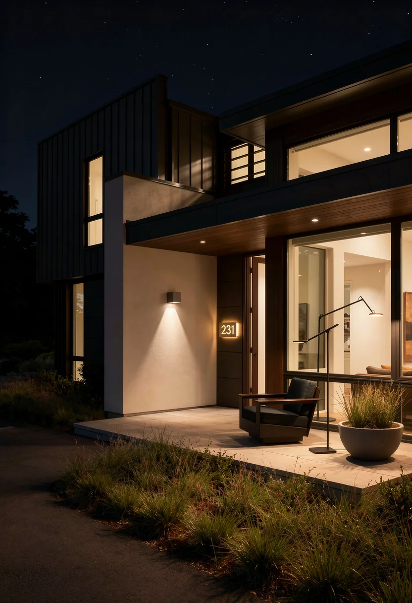 Modern exterior roof design featuring gray wall sconce with gray bowl planter at dusk evening mood