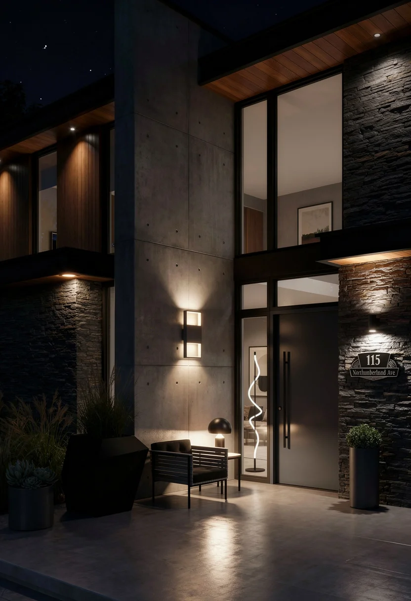 Modern exterior roof design featuring gray aluminum wall sconce with angular black planter evening mood