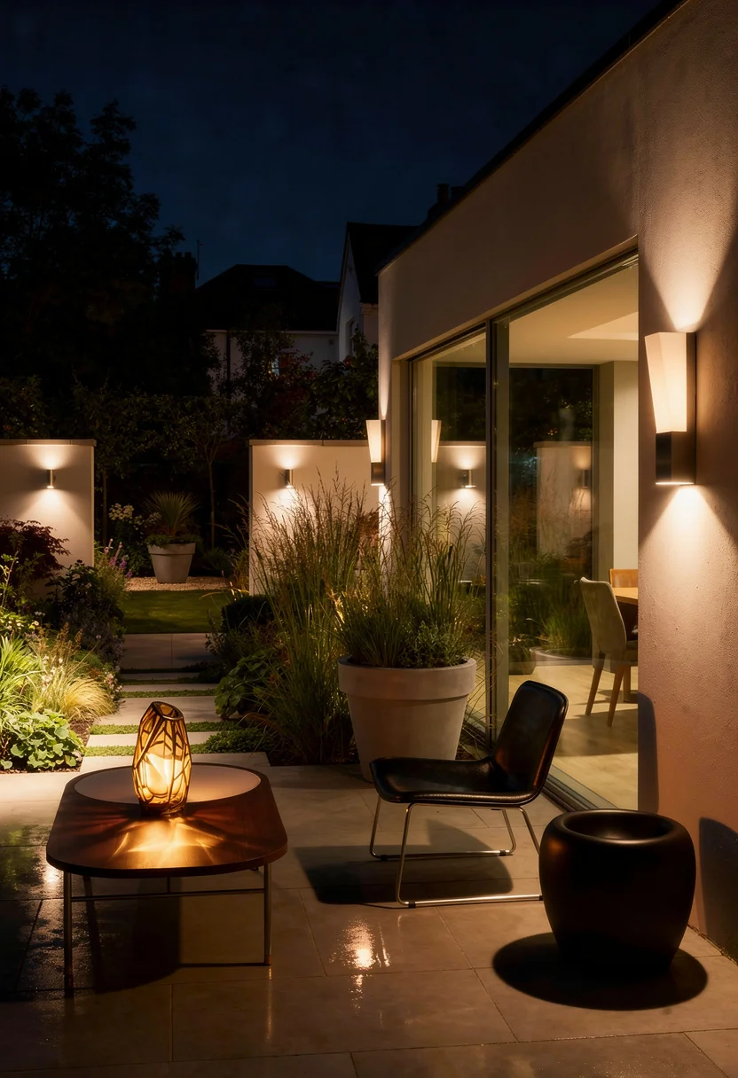 Modern house exterior with garden featuring black silver spring armchair with gray maceta planter on stone terrace evening mood