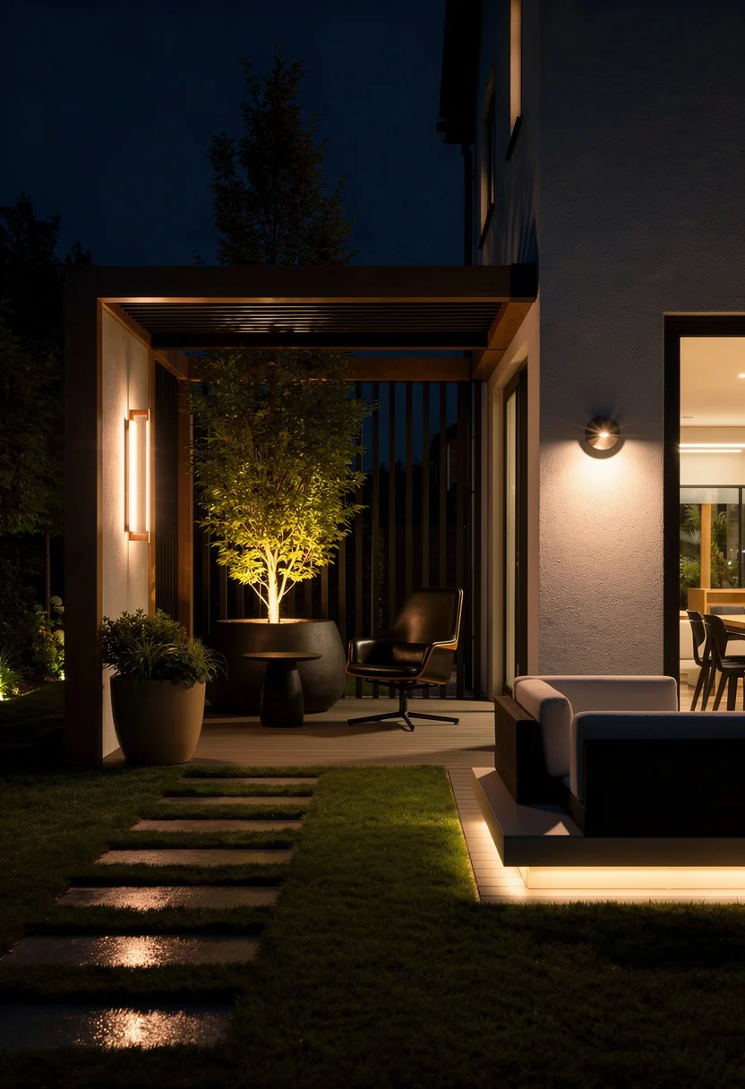 Modern house exterior with garden featuring black lock lounge chair with black stone planter under pergola deck evening mood