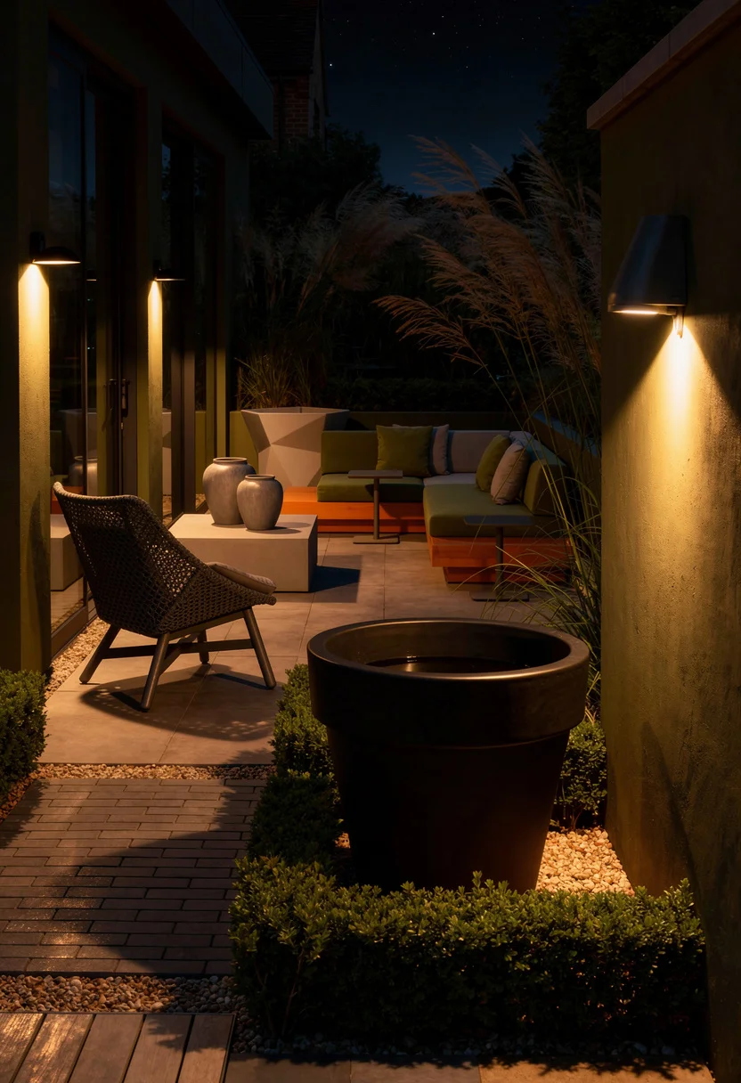 Modern house exterior with garden featuring dark gray lounge chair with black maceta planter among ornamental grasses evening mood