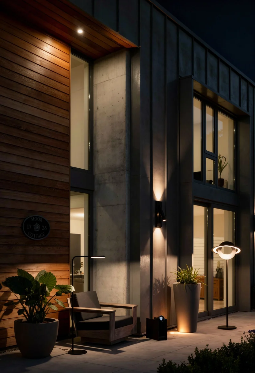 Modern exterior cladding featuring black LED wall sconce with tan bowl planter on cedar and zinc facade evening mood
