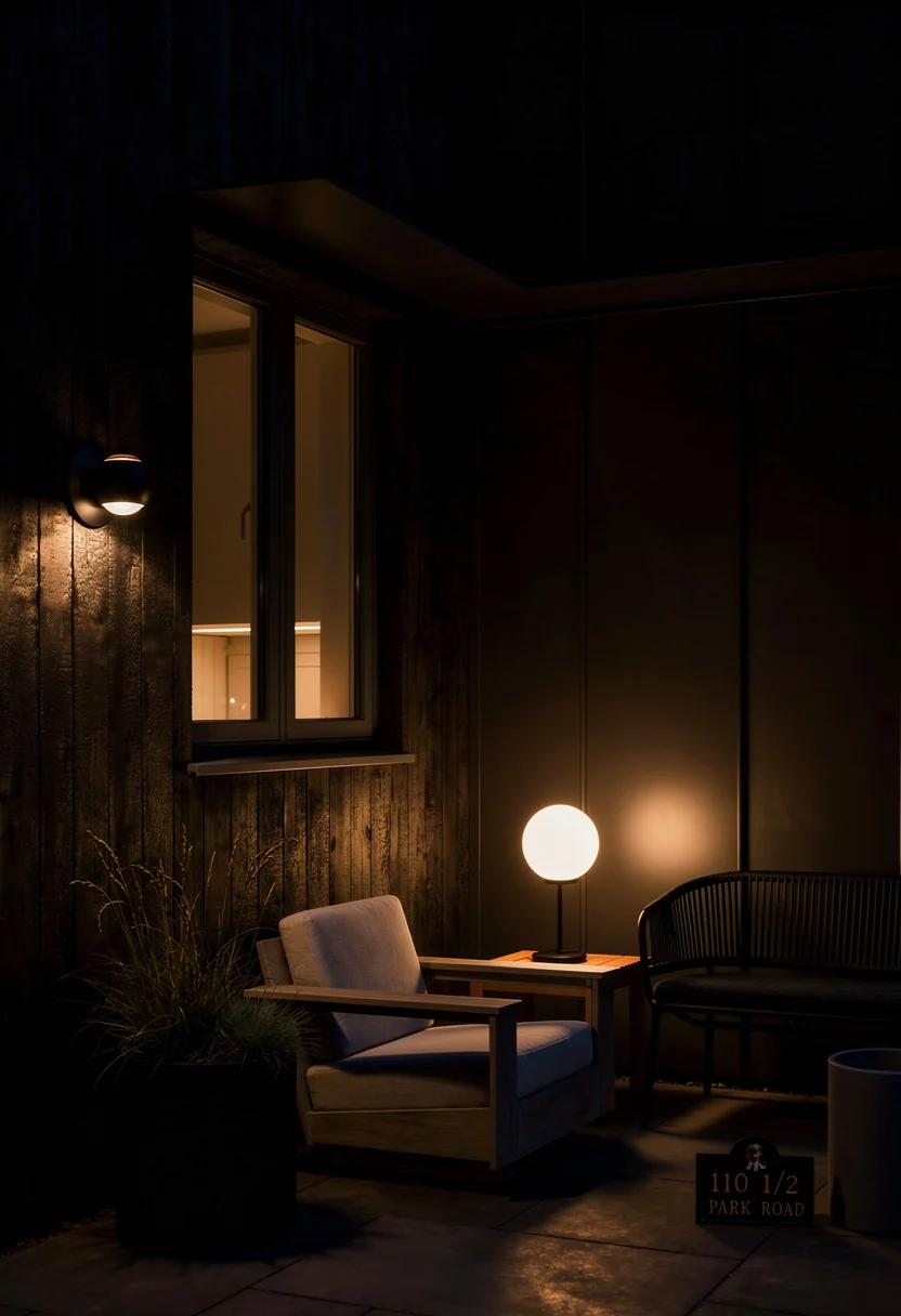 Modern exterior cladding featuring black hemisphere wall sconce with black cylinder planter evening mood
