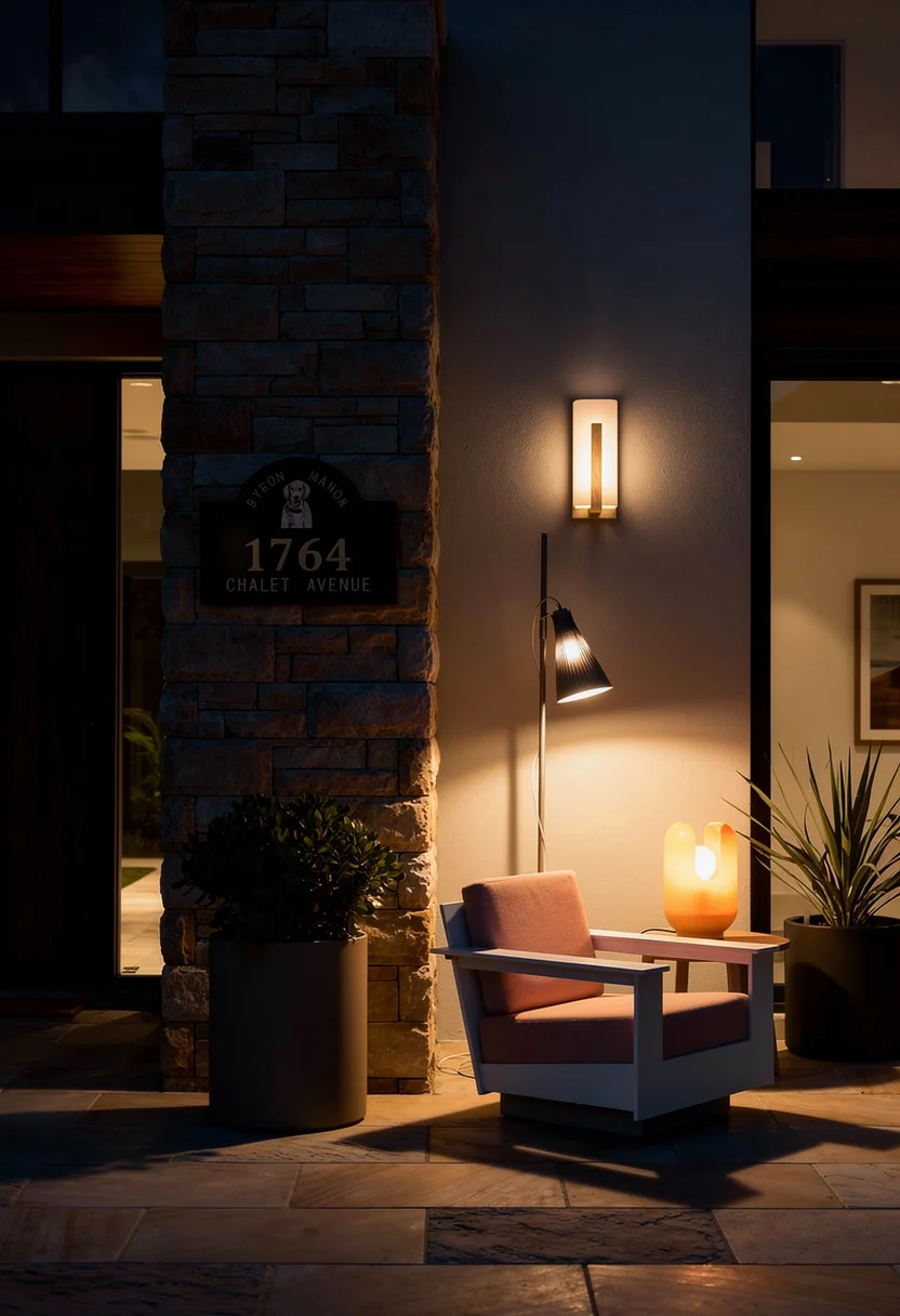 Modern house with stone accent featuring ivory wall sconce with tan cylinder planter on sandstone facade evening mood