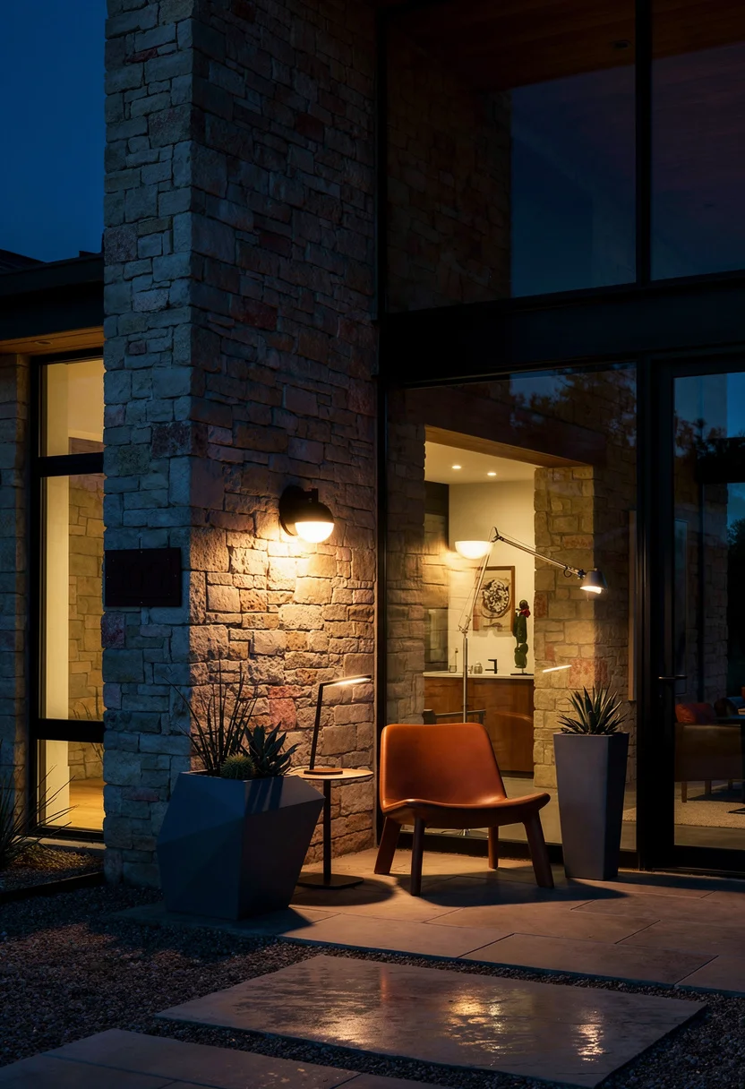 Modern house with stone accent featuring black wall sconce with gray XL planter on dry-stacked limestone evening mood