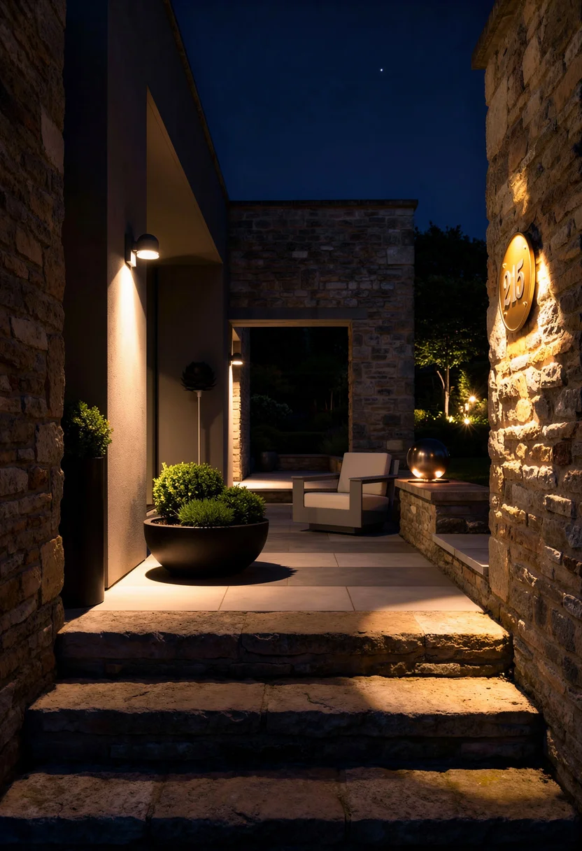 Modern house with stone accent featuring gray wall light with black bowl planter on limestone facade evening mood