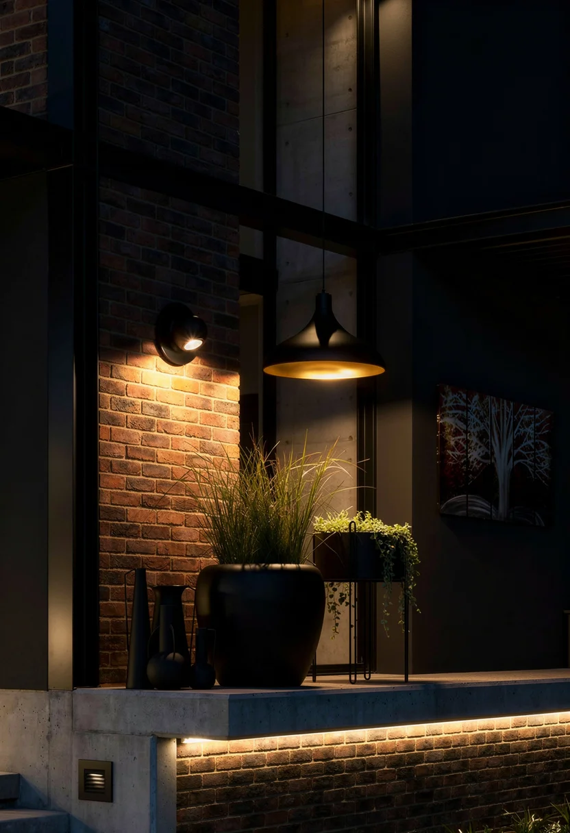 Modern exterior house colors with brick featuring black LED wall sconce with black pedestal planter evening mood