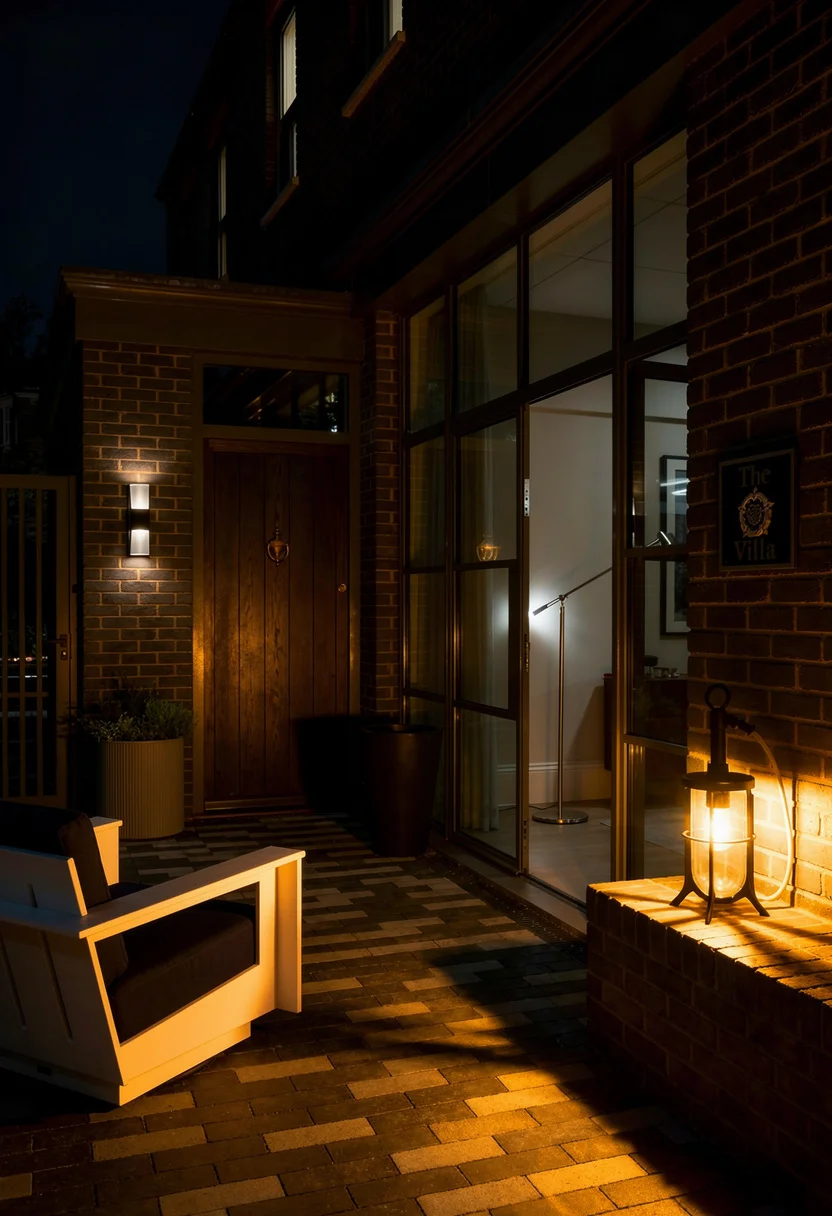 Modern exterior house colors with brick featuring black silver wall sconce with gray cylinder planter evening mood