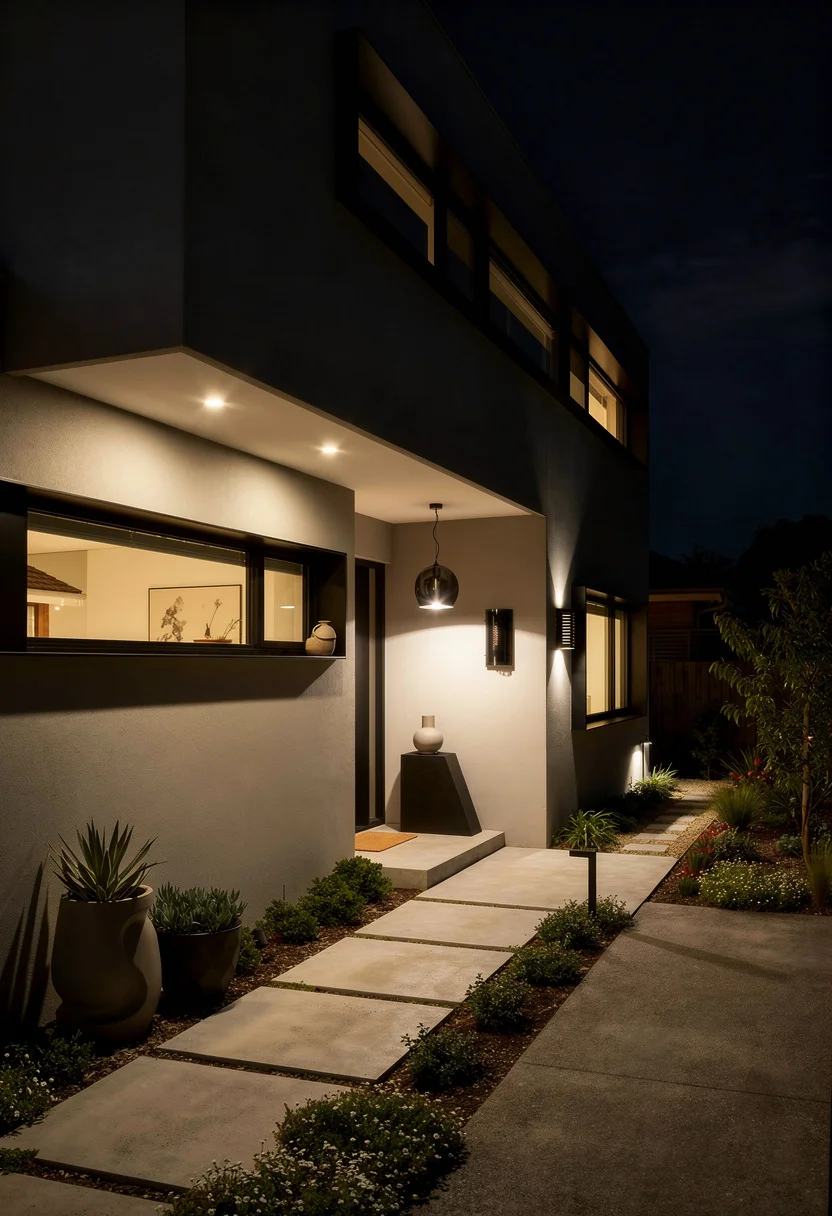 Window styles for homes exterior modern featuring black LED wall sconce with black slope planter on rendered facade evening mood