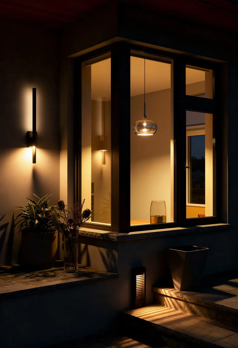 Window styles for homes exterior modern featuring bronze wall sconce with black planter on gray render evening mood