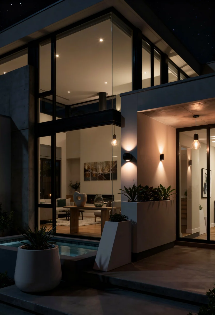 Window styles for homes exterior modern featuring black wall sconce with white planter on floor-to-ceiling glass evening mood