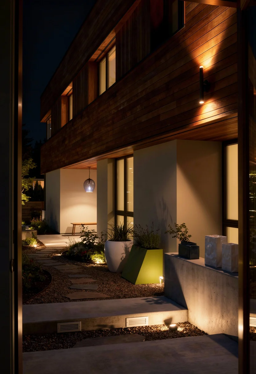 Cedar accents on house exterior modern featuring bronze LED wall sconce with white planter on cedar upper storey evening mood