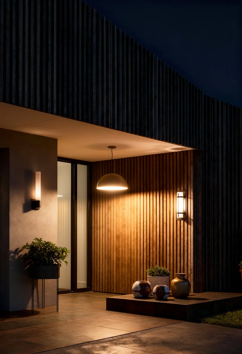 Cedar accents on house exterior modern featuring bronze wall sconce with gray pedestal planter on vertical battens evening mood