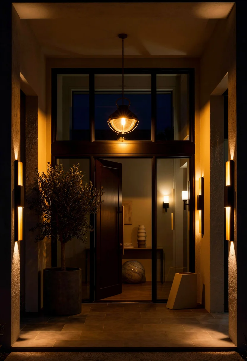 Exterior doors with glass panels modern featuring bronze wall sconce with gray tackett planter at double-height entry evening mood