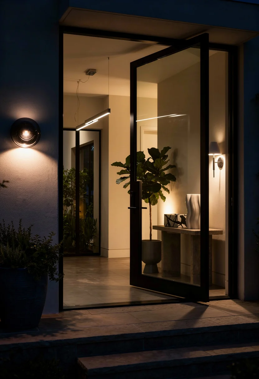 Exterior doors with glass panels modern featuring black wall sconce with gray pedestal planter at pivot entry evening mood